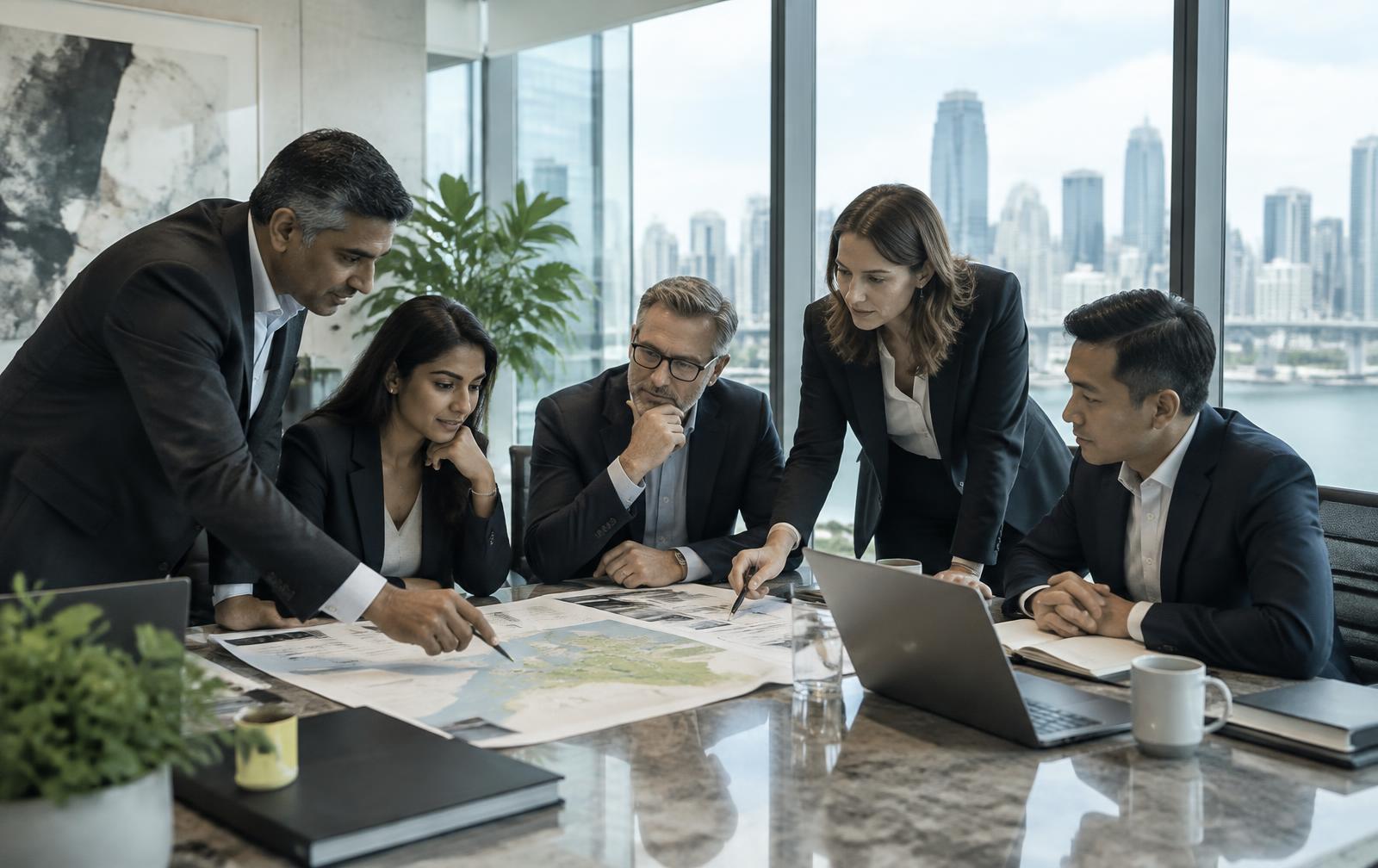 International consulting team reviewing project plans