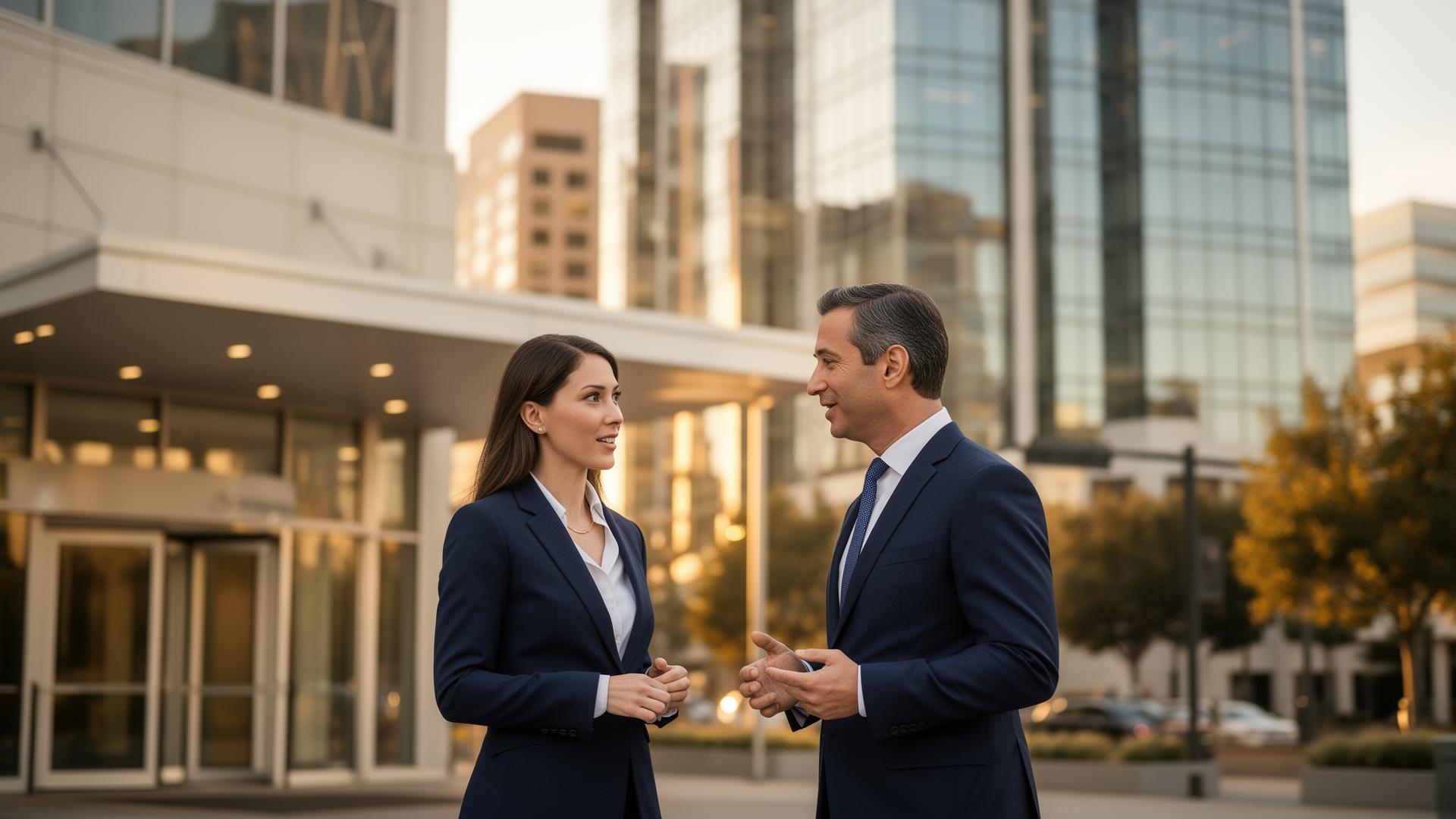 Modern California business district with consulting professionals